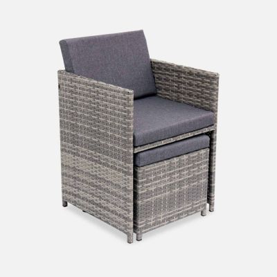 Salon de jardin 4-8 places   Vabo   Coloris nuances de gris. Coussins gris chiné. table encastrable