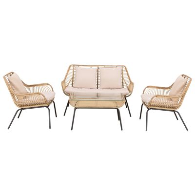 Salon de jardin 4 pers. 4 pièces style exotique métal époxy résine imitation bambou coussins grand confort inclus polyester beige