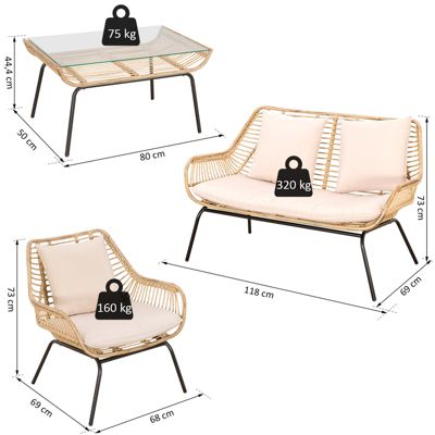 Salon de jardin 4 pers. 4 pièces style exotique métal époxy résine imitation bambou coussins grand confort inclus polyester beige