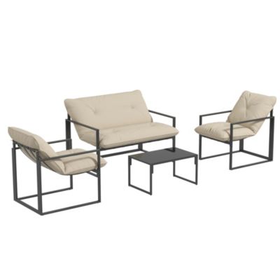 Salon de jardin 4 personnes - 4 pièces, 3 coussins - acier époxy noir polyester