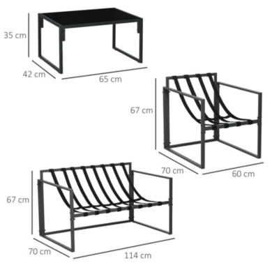 Salon de jardin 4 personnes - 4 pièces, 3 coussins - acier époxy noir polyester