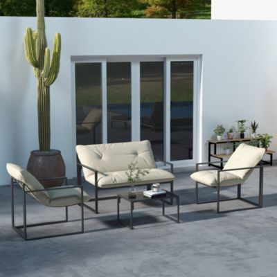Salon de jardin 4 personnes - 4 pièces, 3 coussins - acier époxy noir polyester