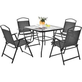 Salon de Jardin 4 Personnes Ensemble de Bistro 5 Pièces avec Table Verre Jardin 4 Chaises Pliant Trou Parasol