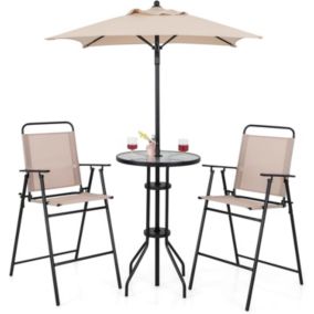 Salon de Jardin 4 Pièces avec Table de Bar en Verre Trempé 2 Chaises Pliantes Parasol Cadre Métallique Robuste Beige