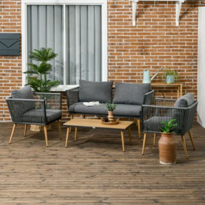 Salon de jardin 4 places 4 pièces design scandinave acier époxy résine filaire PE coussins inclus gris