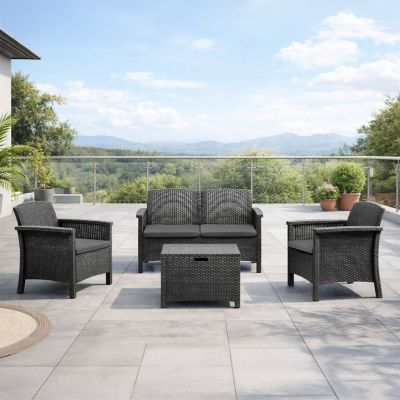 Salon de jardin 4 places effet résine tressée gris anthracite avec table basse MANIZA