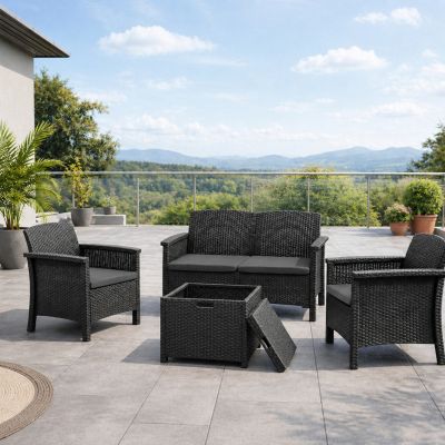 Salon de jardin 4 places effet résine tressée gris anthracite avec table basse MANIZA
