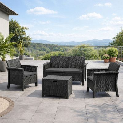 Salon de jardin 4 places effet résine tressée gris anthracite avec table basse MANIZA