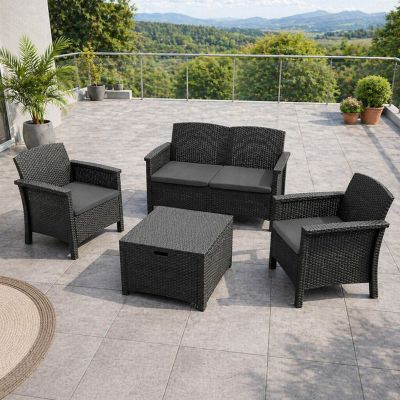 Salon de jardin 4 places effet résine tressée gris anthracite avec table basse MANIZA