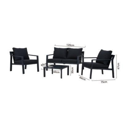 Salon de jardin 4 places et table basse, en aluminium et verre noir, Faro