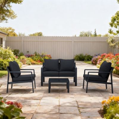 Salon de jardin 4 places et table basse, en aluminium et verre noir, Faro