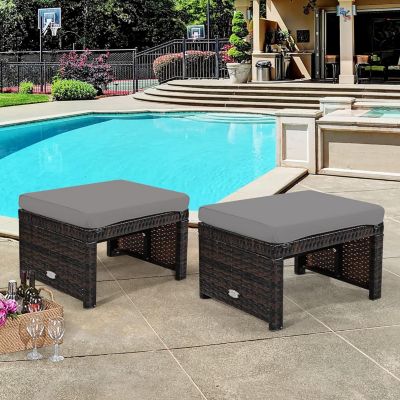 Salon de Jardin 5 Pièces 2 Personnes en Rotin Tressé 2 Chaises 2 Tabourets avec Coussins 1 Table Basse Plateau en Verre,Gris