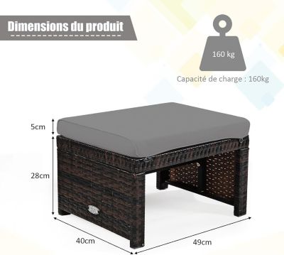 Salon de Jardin 5 Pièces 2 Personnes en Rotin Tressé 2 Chaises 2 Tabourets avec Coussins 1 Table Basse Plateau en Verre,Gris
