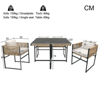 Salon de Jardin 5 Pièces avec 1 Table à Manger, 4 Chaises Empilables, Structure en Fer et Bois, Plateau en Verre Sécurit, Beige