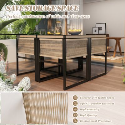 Salon de Jardin 5 Pièces avec 1 Table à Manger, 4 Chaises Empilables, Structure en Fer et Bois, Plateau en Verre Sécurit, Beige