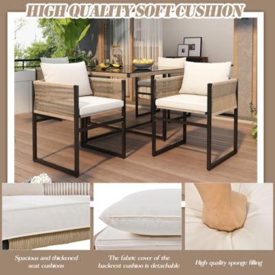 Salon de Jardin 5 Pièces avec 1 Table à Manger, 4 Chaises Empilables, Structure en Fer et Bois, Plateau en Verre Sécurit, Beige