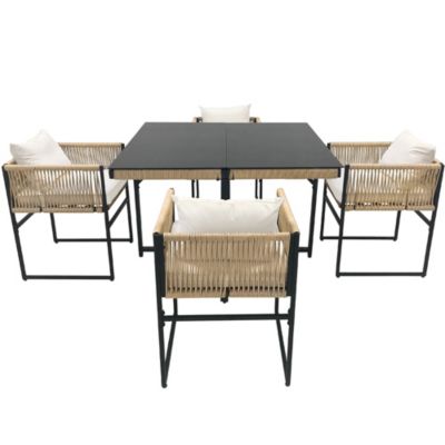 Salon de Jardin 5 Pièces avec 1 Table à Manger, 4 Chaises Empilables, Structure en Fer et Bois, Plateau en Verre Sécurit, Beige
