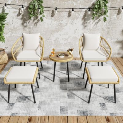 Salon de jardin 5 pièces en rotin blanc et naturel avec table et coussins