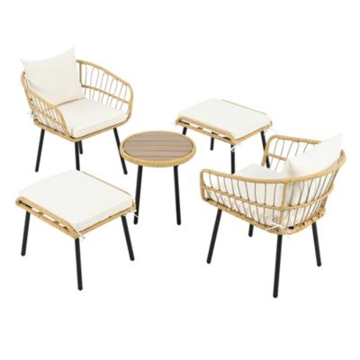 Salon de jardin 5 pièces en rotin blanc et naturel avec table et coussins