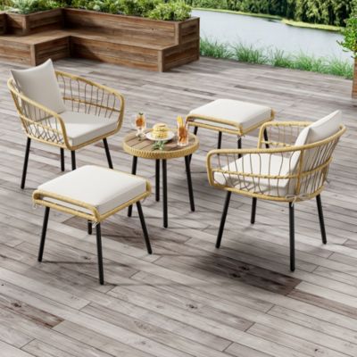 Salon de jardin 5 pièces en rotin blanc et naturel avec table et coussins