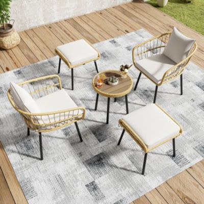Salon de jardin 5 pièces en rotin blanc et naturel avec table et coussins
