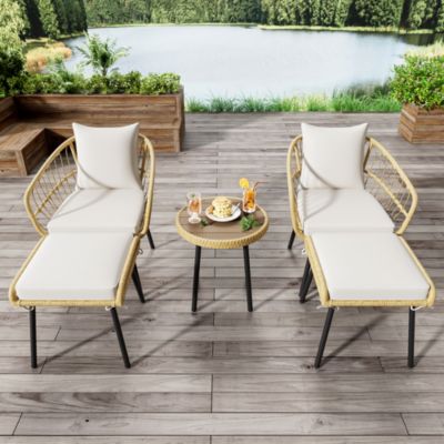 Salon de jardin 5 pièces en rotin blanc et naturel avec table et coussins