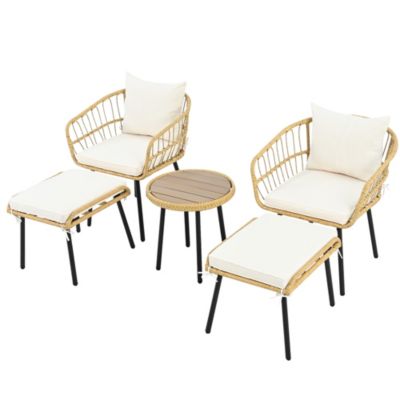 Salon de jardin 5 pièces en rotin blanc et naturel avec table et coussins