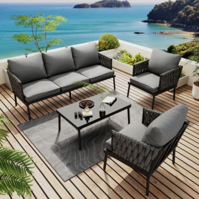 Salon de jardin 5 places en fer galvanisé - canapé, 2 fauteuils et table basse - corde tressée - gris