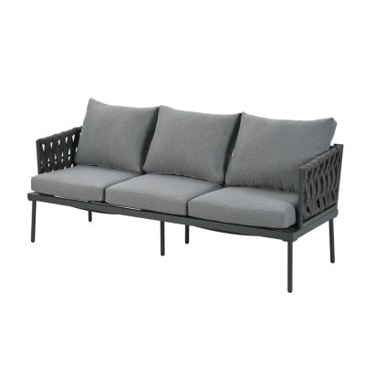 Salon de jardin 5 places en fer galvanisé - canapé, 2 fauteuils et table basse - corde tressée - gris