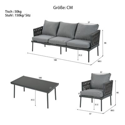 Salon de jardin 5 places en fer galvanisé - canapé, 2 fauteuils et table basse - corde tressée - gris