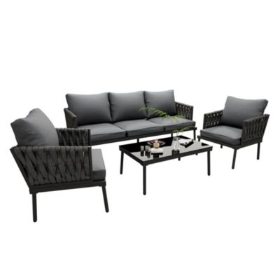 Salon de jardin 5 places en fer galvanisé - canapé, 2 fauteuils et table basse - corde tressée - gris