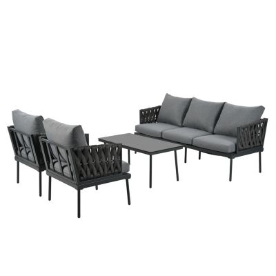 Salon de jardin 5 places en fer galvanisé - canapé, 2 fauteuils et table basse - corde tressée - gris