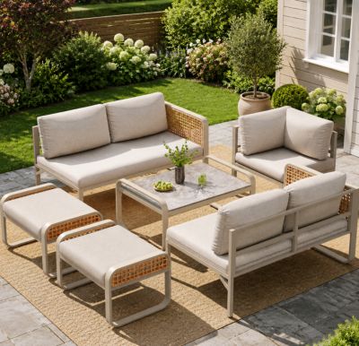 Salon de Jardin 6-7 Places - Ensemble en Rotin avec Canapés, Coussins, Table et Bancs, Métallique pour Terrasse/Jardin - Beige