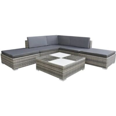 Salon de jardin 6 pièces avec coussin, résine tressée - Gris - 69.5 x 69.5 x 52.5 cm