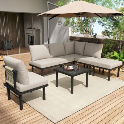 Salon de Jardin 6 Pièces en Corde Grise avec Acier Galvanisé, Table en Verre, Coussins - Mobilier Extérieur Beige, Pieds Réglables