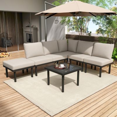Salon de Jardin 6 Pièces en Corde Grise avec Acier Galvanisé, Table en Verre, Coussins - Mobilier Extérieur Beige, Pieds Réglables