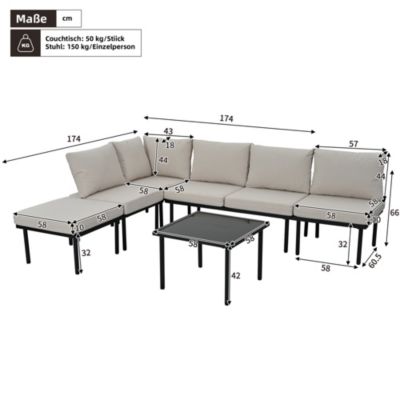Salon de Jardin 6 Pièces en Corde Grise avec Acier Galvanisé, Table en Verre, Coussins - Mobilier Extérieur Beige, Pieds Réglables