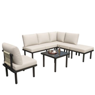 Salon de Jardin 6 Pièces en Corde Grise avec Acier Galvanisé, Table en Verre, Coussins - Mobilier Extérieur Beige, Pieds Réglables