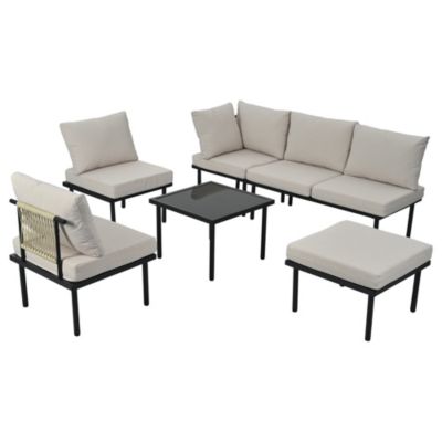 Salon de Jardin 6 Pièces en Corde Grise avec Acier Galvanisé, Table en Verre, Coussins - Mobilier Extérieur Beige, Pieds Réglables