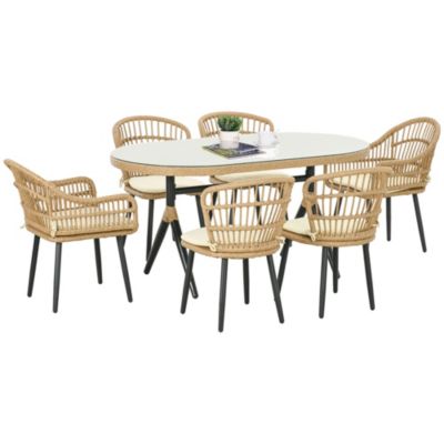 Salon de Jardin 6 places 7 pièces style bohème - 6 chaises, table à manger ovale - coussins inclus