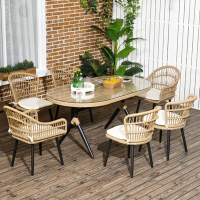 Salon de Jardin 6 places 7 pièces style bohème - 6 chaises, table à manger ovale - coussins inclus