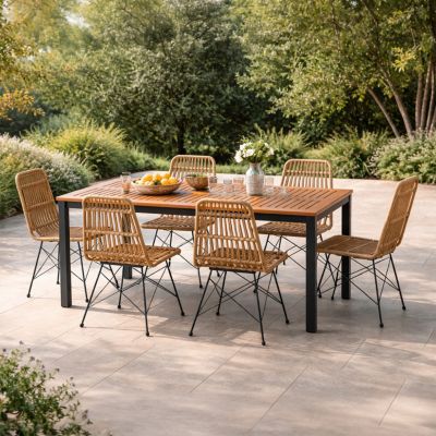 Salon de jardin 6 places avec table en bois naturel et chaises en résine tressée BAGO