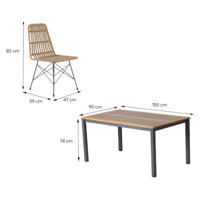 Salon de jardin 6 places avec table en bois naturel et chaises en résine tressée BAGO
