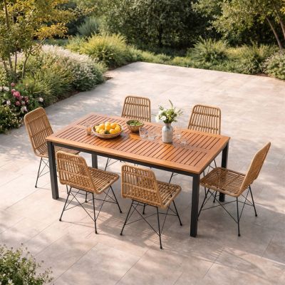 Salon de jardin 6 places avec table en bois naturel et chaises en résine tressée BAGO