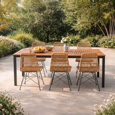 Salon de jardin 6 places avec table en bois naturel et chaises en résine tressée BAGO