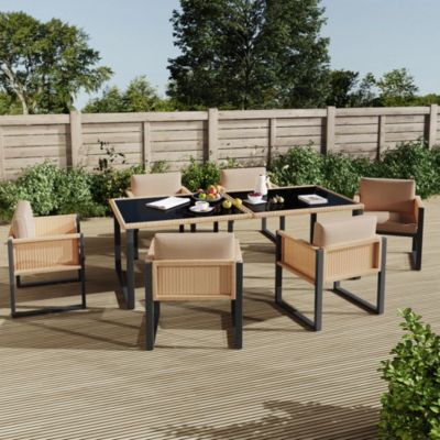 Salon de jardin 6 places en polyrattan, table et fauteuils, coussins amovibles et lavables, mobilier extérieur