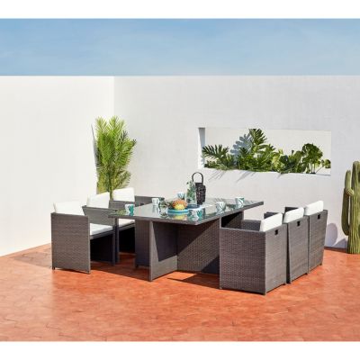 Salon de jardin 6 places en résine tressée gris/blanc MIAMI