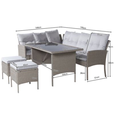 Salon de Jardin 7 Places avec Canapé, Fauteuils et Tabourets, en Résine Tressée PE Anti-UV avec Table en Verre Trempé - Kaki