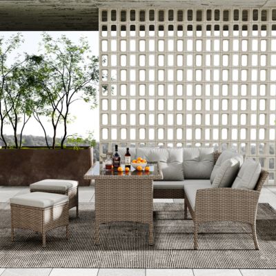 Salon de Jardin 7 Places avec Canapé, Fauteuils et Tabourets, en Résine Tressée PE Anti-UV avec Table en Verre Trempé - Kaki