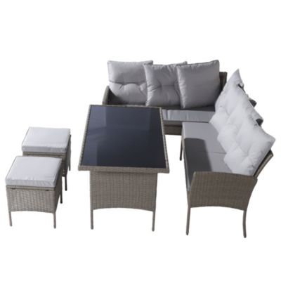 Salon de Jardin 7 Places avec Canapé, Fauteuils et Tabourets, en Résine Tressée PE Anti-UV avec Table en Verre Trempé - Kaki